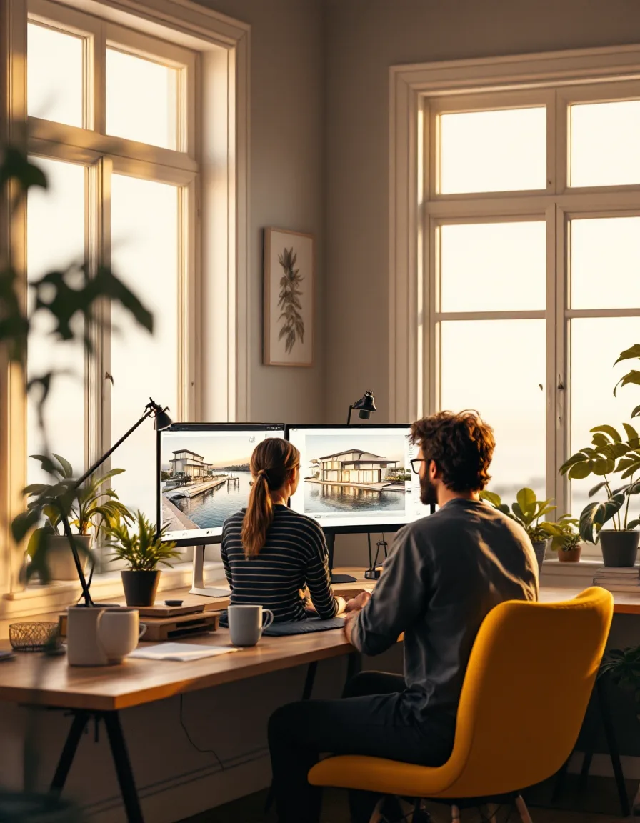Two Terravue artists at their desks working on a waterfront building render