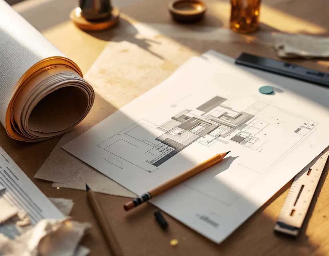 A pinboard with a hand sketch beside the finished photoreal render it became