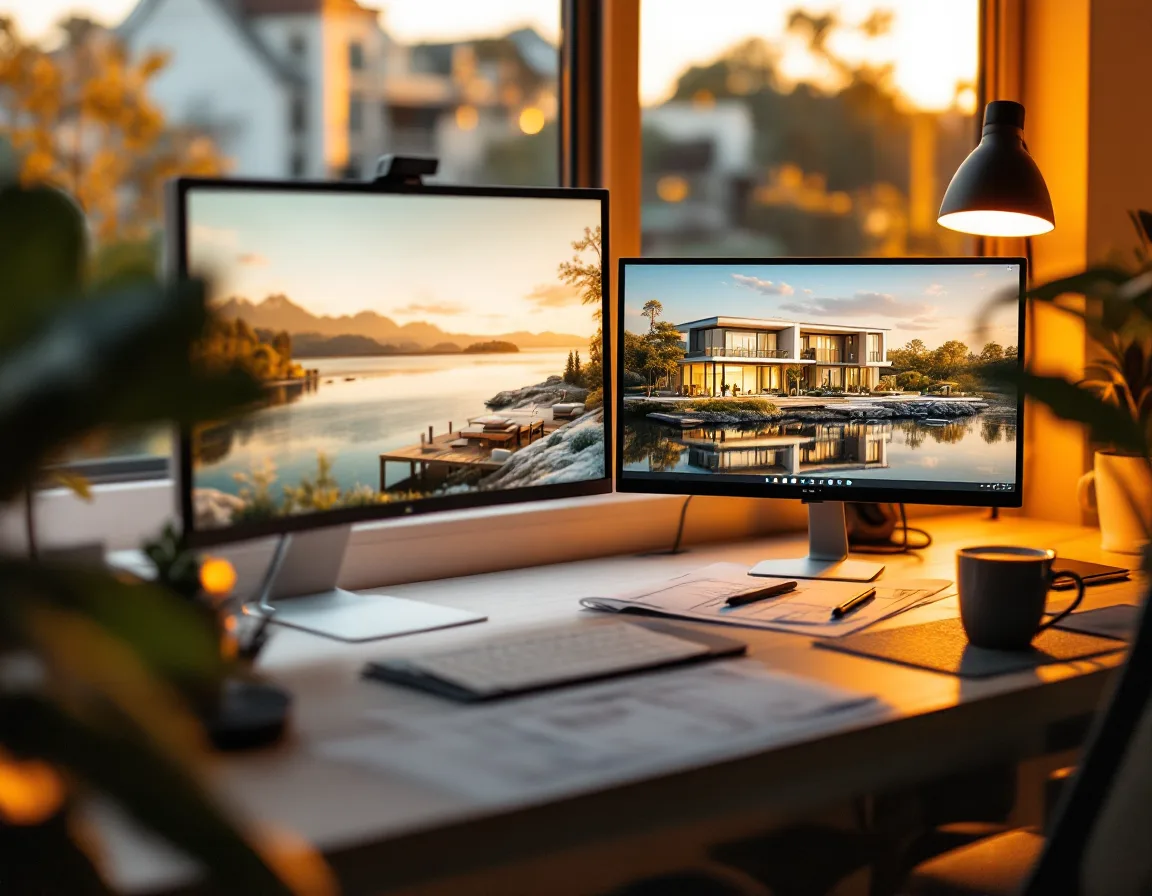 A Terravue studio desk with monitors showing a render and printed plans in warm light