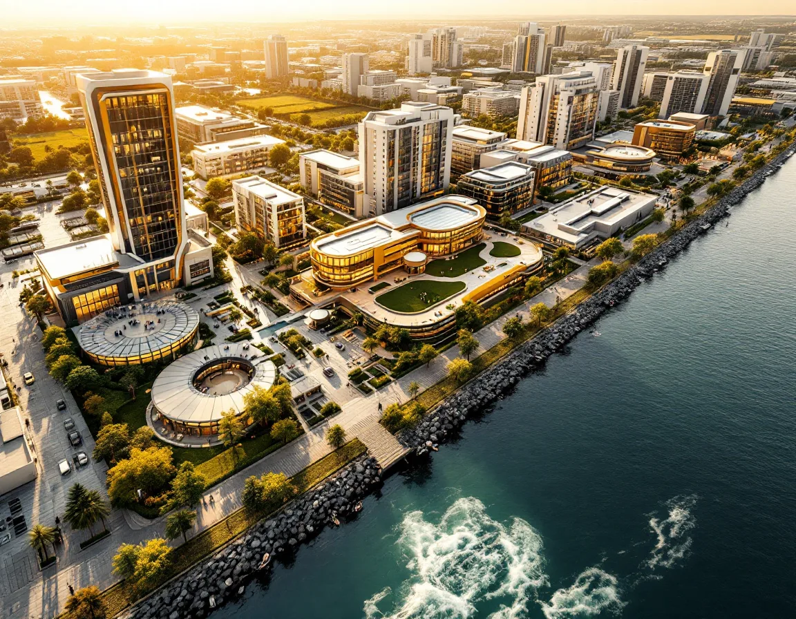 Aerial render of a waterfront development