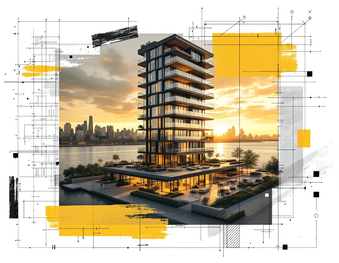 Photoreal render of a waterfront building layered over its wireframe drawing