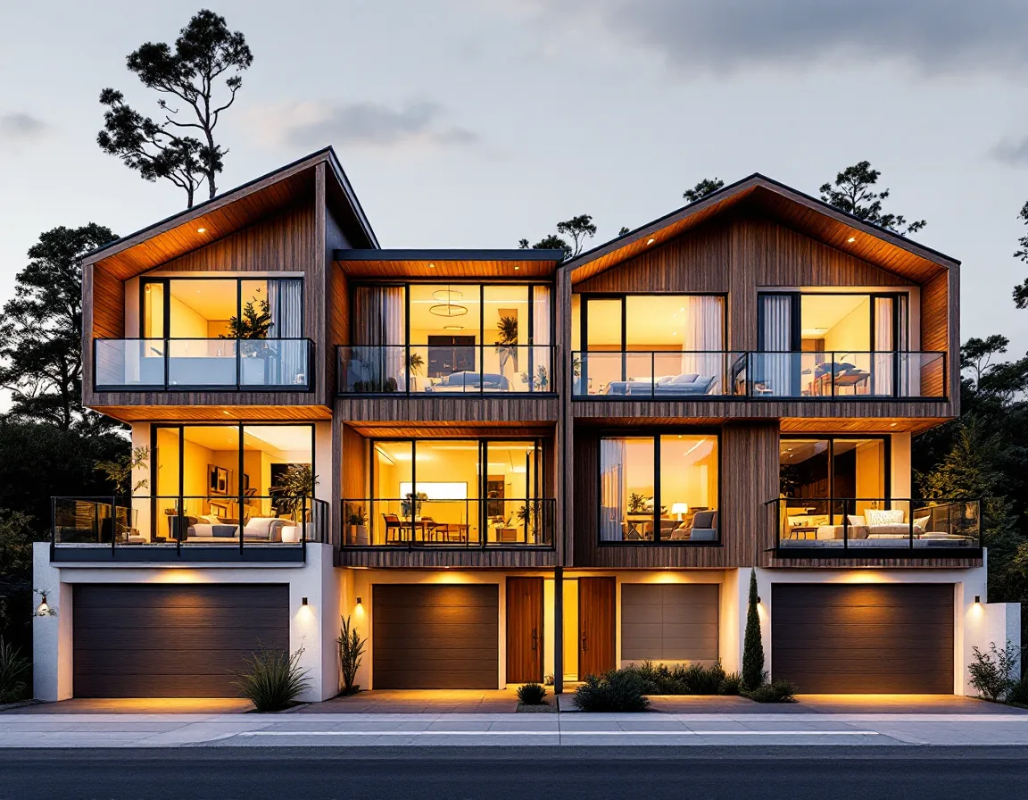 Render of coastal townhouses at dusk