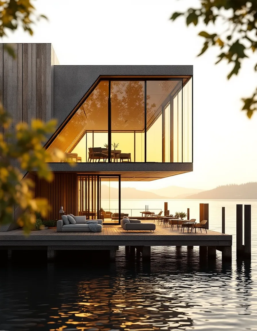 A waterfront building render fading into its grey-box wireframe model
